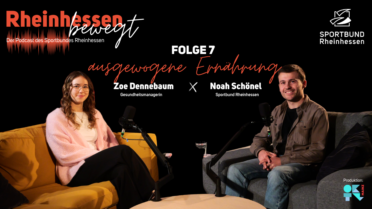 Podcast Thumbnail YouTube Folge 7 mit Zoe Dennebaum und Noah Schönel zum Thema ausgewogene Ernährung vom Sportbund Rheinhessen