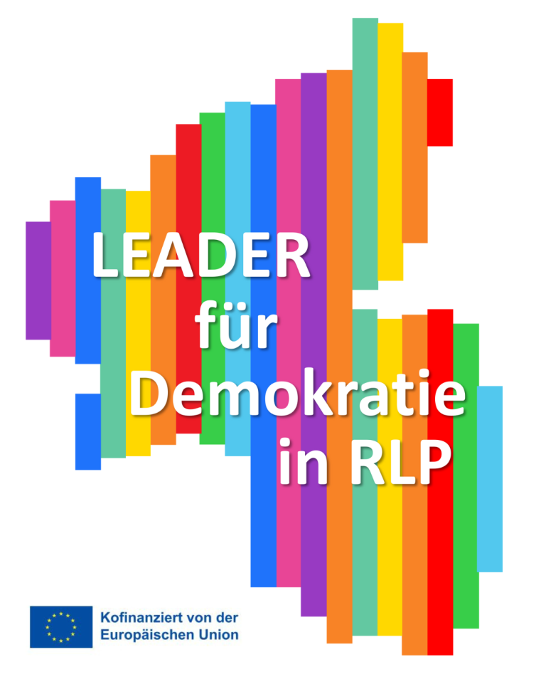 Logo LEADER für Demokratie in RLP – Projekt zur Förderung der Demokratie in Rheinland-Pfalz Logo LEADER für Demokratie in RLP, buntes Design für das Demokratieprojekt in Rheinland-Pfalz