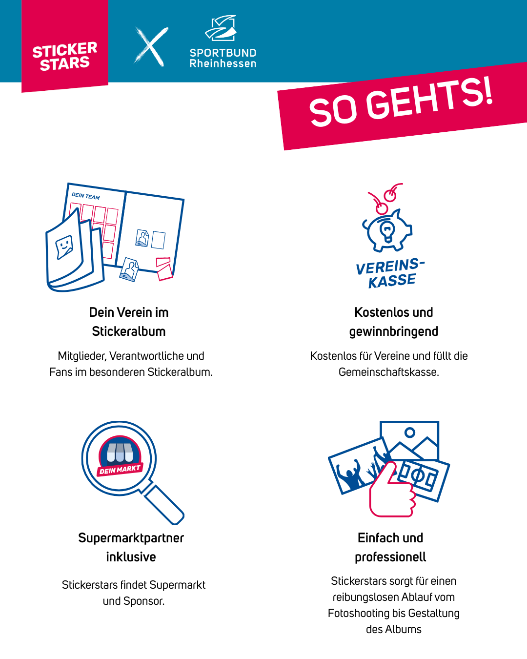 So funktioniert das Stickerstars-Vereinsalbum: Verein im Stickeralbum, kostenlose Vereinskasse, Supermarktpartner inklusive, einfach und professionell.