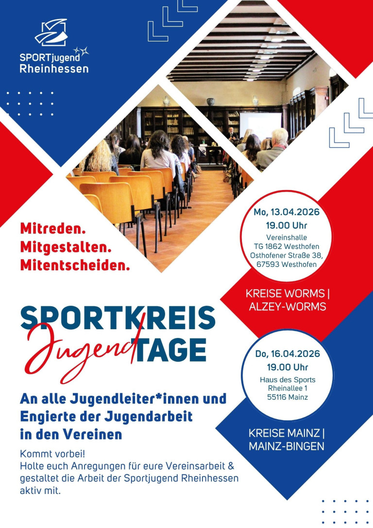 Sportkreis Jugendtage 2026 Flyer: Termine und Infos fr Jugendleiter*innen in Worms, Alzey-Worms, Mainz und Mainz-Bingen Flyer der Sportkreis Jugendtage 2026 in Worms, Alzey-Worms, Mainz und Mainz-Bingen, Veranstaltungen fr Jugendleiter*innen und Engagierte der Jugendarbeit