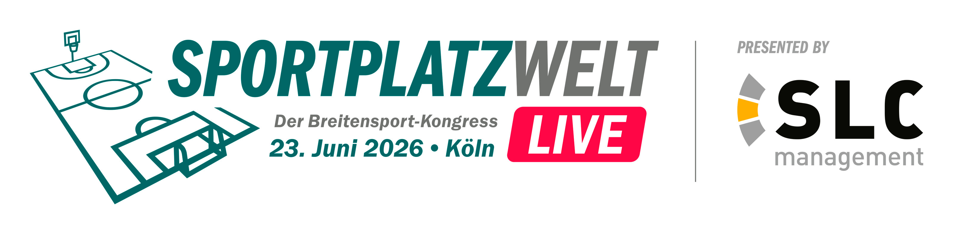 Logo des Sportplatzwelt LIVE 2026 presented by SLC in Köln, Branchentreff und Kongress für Sportstätten und Vereine