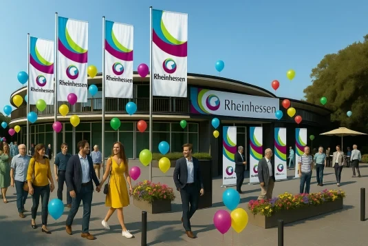 Eingang des Veranstaltungsortes Das Wormser in Rheinhessen mit bunten Luftballons und Menschen bei sonnigem Wetter