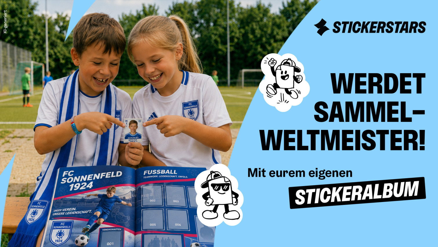 Zwei Kinder im FC Sonnenfeld Trikot zeigen stolz auf ein Stickeralbum und ein Stickerbild auf einem Fußballplatz.