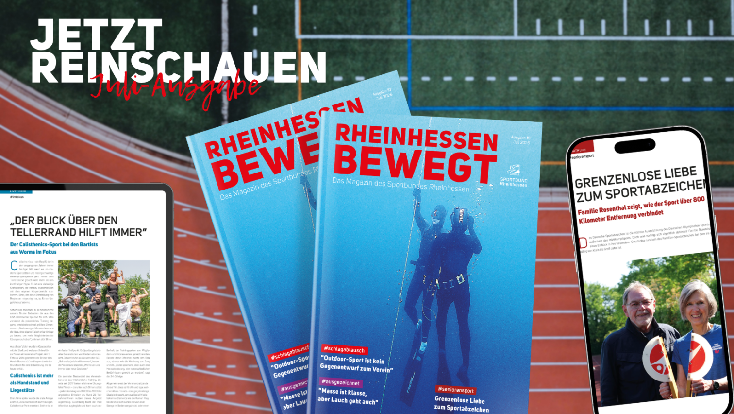 Titelbild der Juli-Ausgabe des Magazins 'Rheinhessen bewegt' vom Sportbund Rheinhessen auf einer Laufbahn