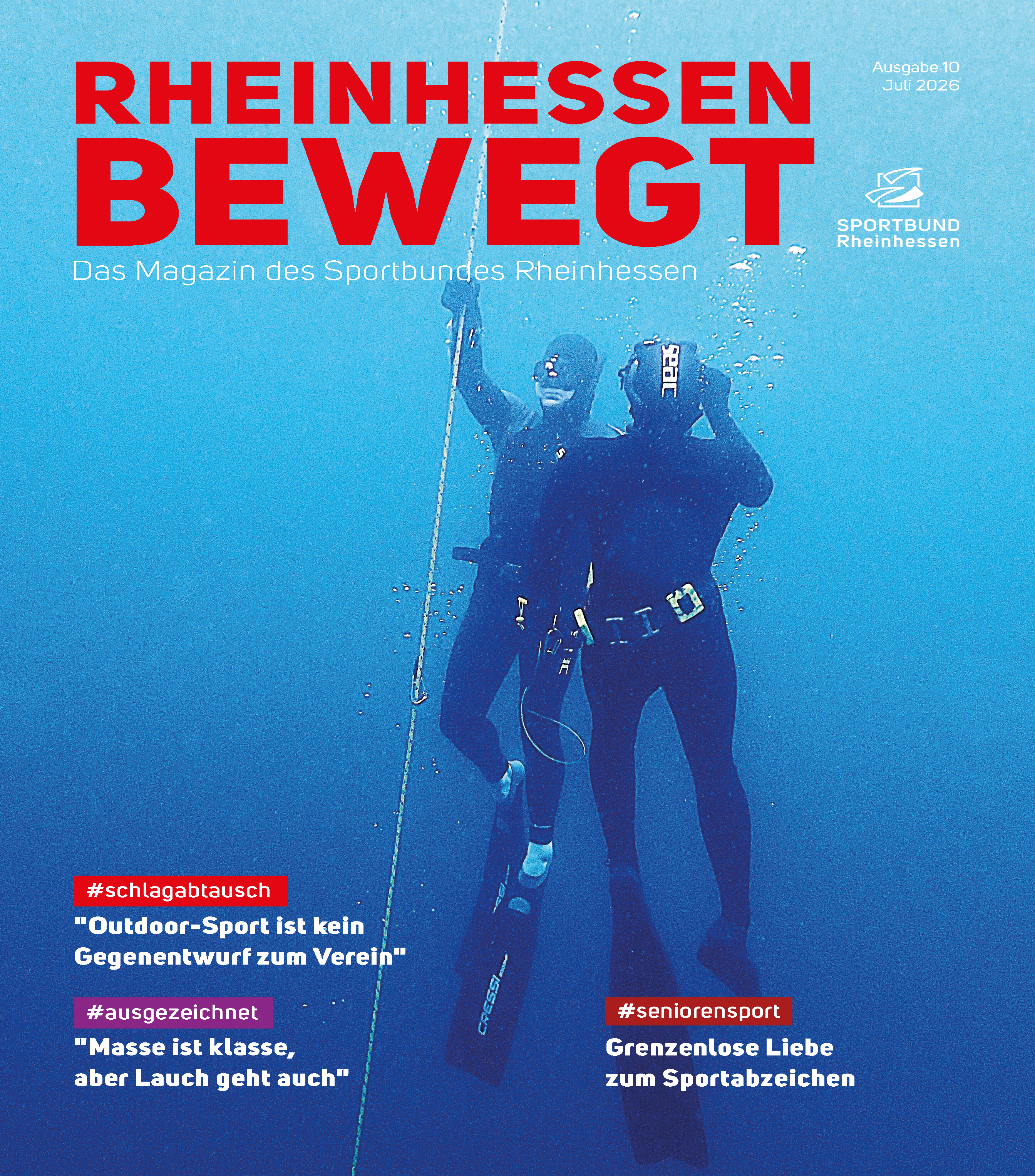 Titelseite der Ausgabe Juli 2026 des Magazins 'Rheinhessen bewegt' vom Sportbund Rheinhessen mit zwei Taucher:innen unter Wasser.