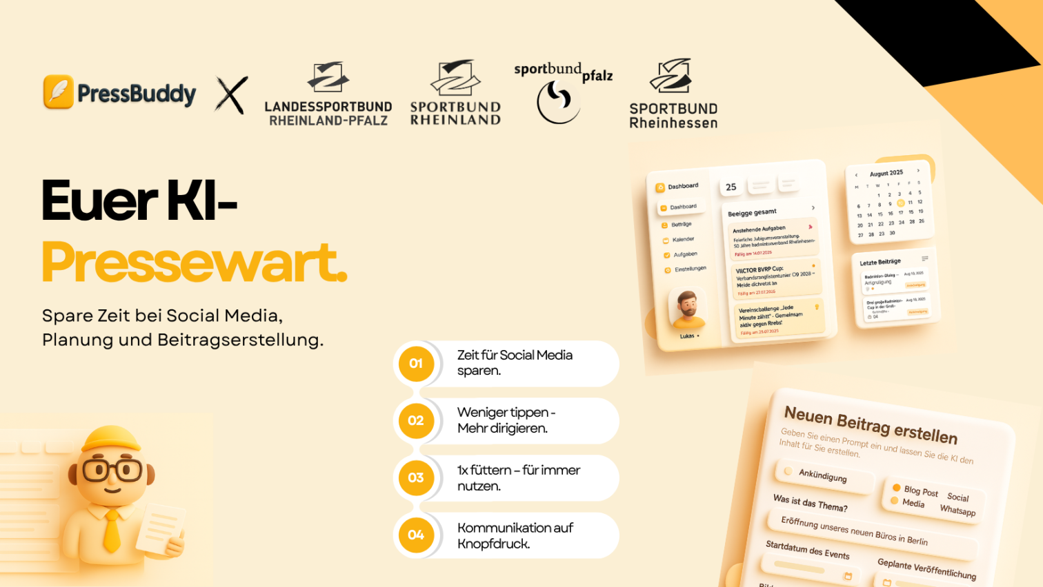 Pressbuddy Header mit Logos von Landessportbund Rheinland-Pfalz, Sportbund Rheinland, Sportbund Pfalz und Sportbund Rheinhessen sowie Social Media Dashboard