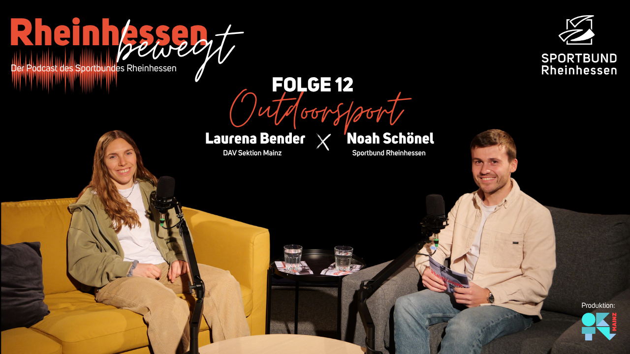 Podcast-Header mit Laurena Bender von der DAV Sektion Mainz und Noah Schönel vom Sportbund Rheinhessen zum Thema Outdoorsport, Folge 12.