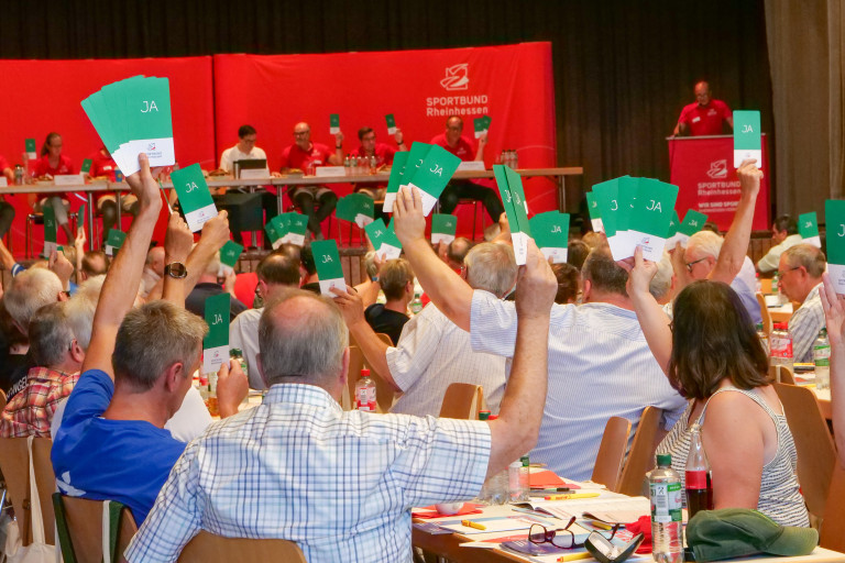 Abstimmung einstimmig beim Sportbund Rheinhessen, Teilnehmer heben grüne Karten mit Ja-Stimme