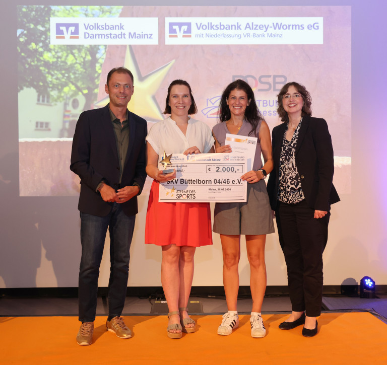 Sterne des Sports 2024: SKV Büttelborn 04/46 e.V. erhält Preis und Scheck in Mainz von Volksbank Darmstadt Mainz und Volksbank Alzey-Worms Preisverleihung Sterne des Sports 2024 an SKV Büttelborn 04/46 e.V. in Mainz mit Scheckübergabe durch Volksbank Darmstadt Mainz und Volksbank Alzey-Worms