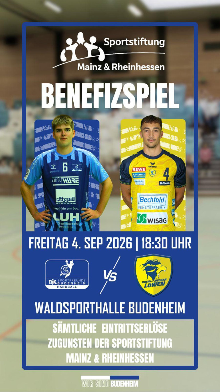 Plakat zum Benefizevent Handballspiel Sportfreunde Budenheim gegen Rhein-Neckar Löwen am 4. September 2026 in der Waldsporthalle Budenheim
