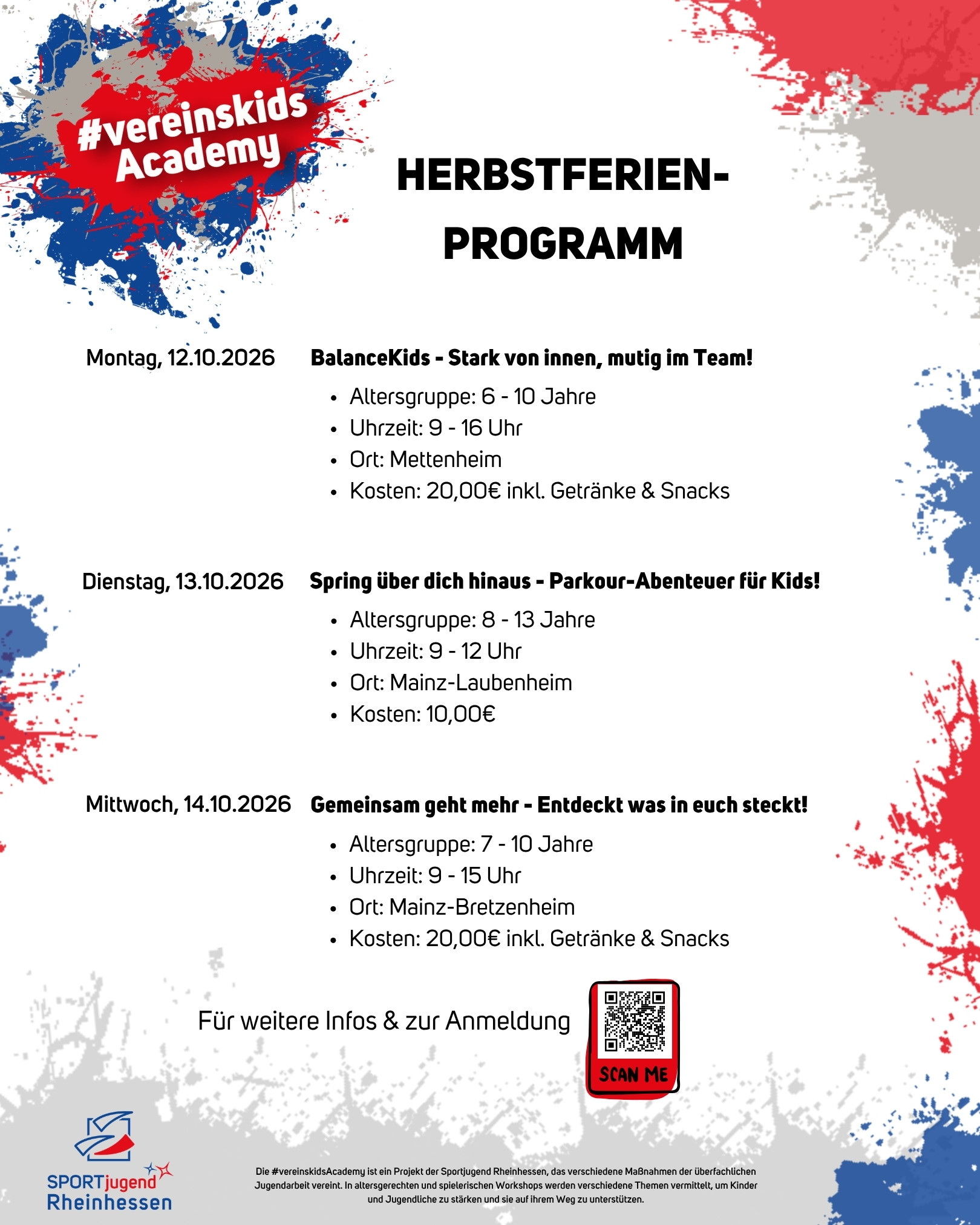 Herbstferienflyer mit Programm für Kinder in Mettenheim, Mainz-Laubenheim und Mainz-Bretzenheim, inklusive BalanceKids, Parkour-Abenteuer und Team-Aktivitäten.