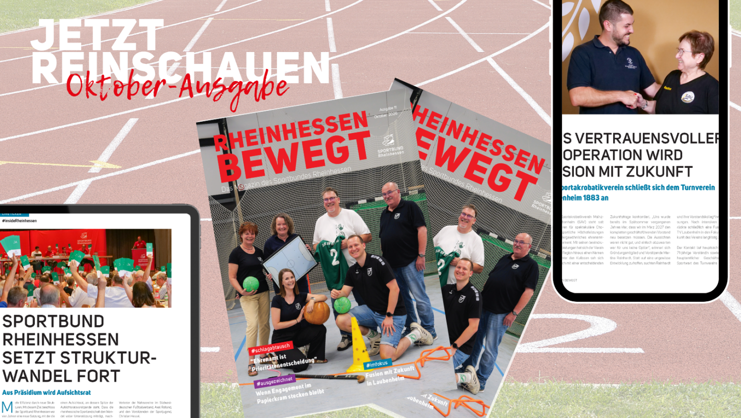 Titelbild des Magazins 'Rheinhessen Bewegt' des Sportbundes Rheinhessen mit Sportlern und Sportgeräten in einer Halle