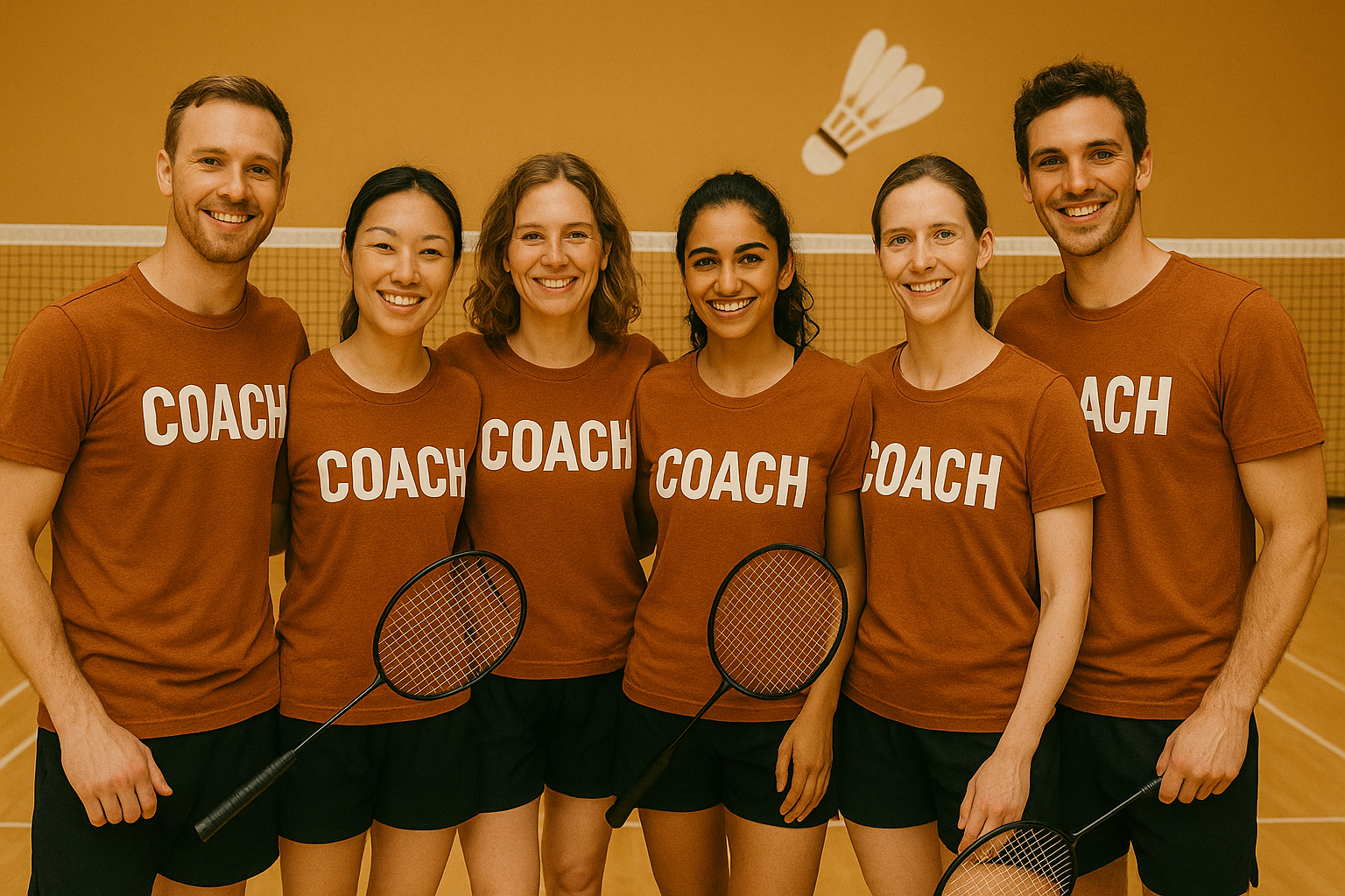 Gruppe von Badminton-Trainern in braunen T-Shirts posiert mit Schlägern vor einem Netz.