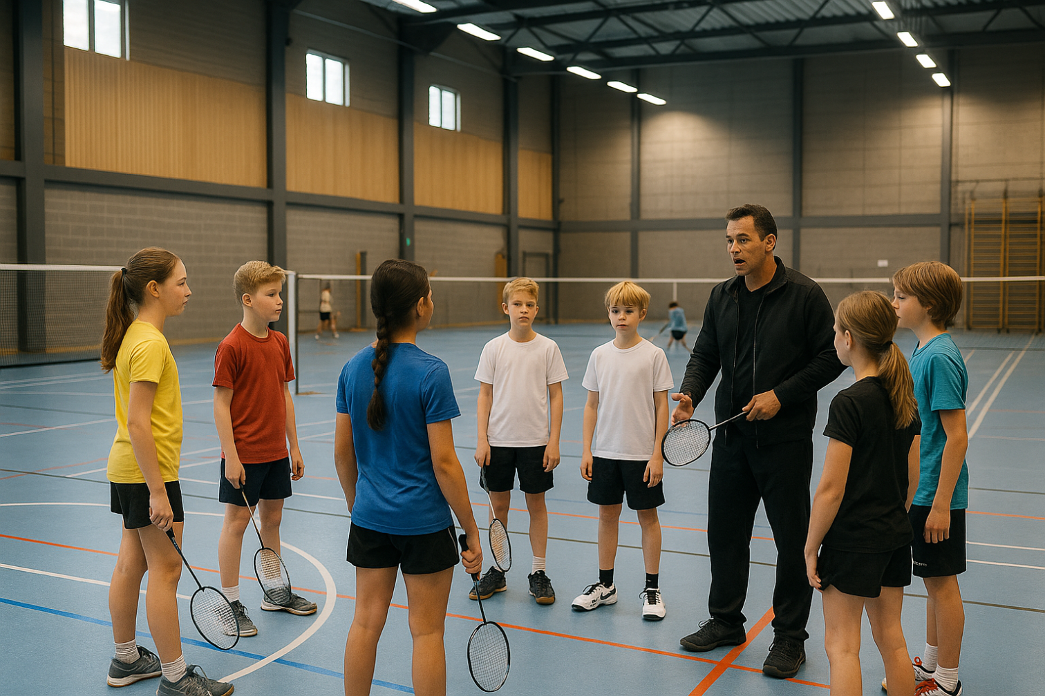 Badminton Training mit Kindern und Trainer in Sporthalle