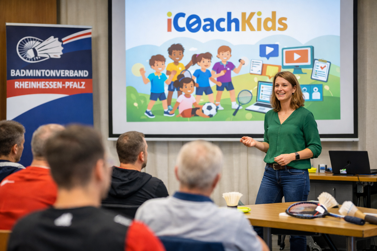 Präsentation iCoachKids am 17. März 2026 mit Teilnehmern und Trainerin vor Leinwand
