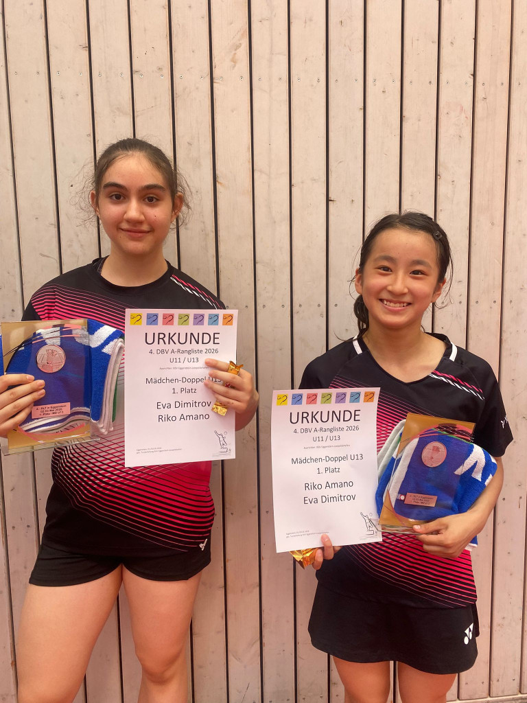 Eva Dimitrov und Riko Amano gewinnen 1. Platz im Mädchen-Doppel U13 bei der 4. DBV A-Rangliste 2026