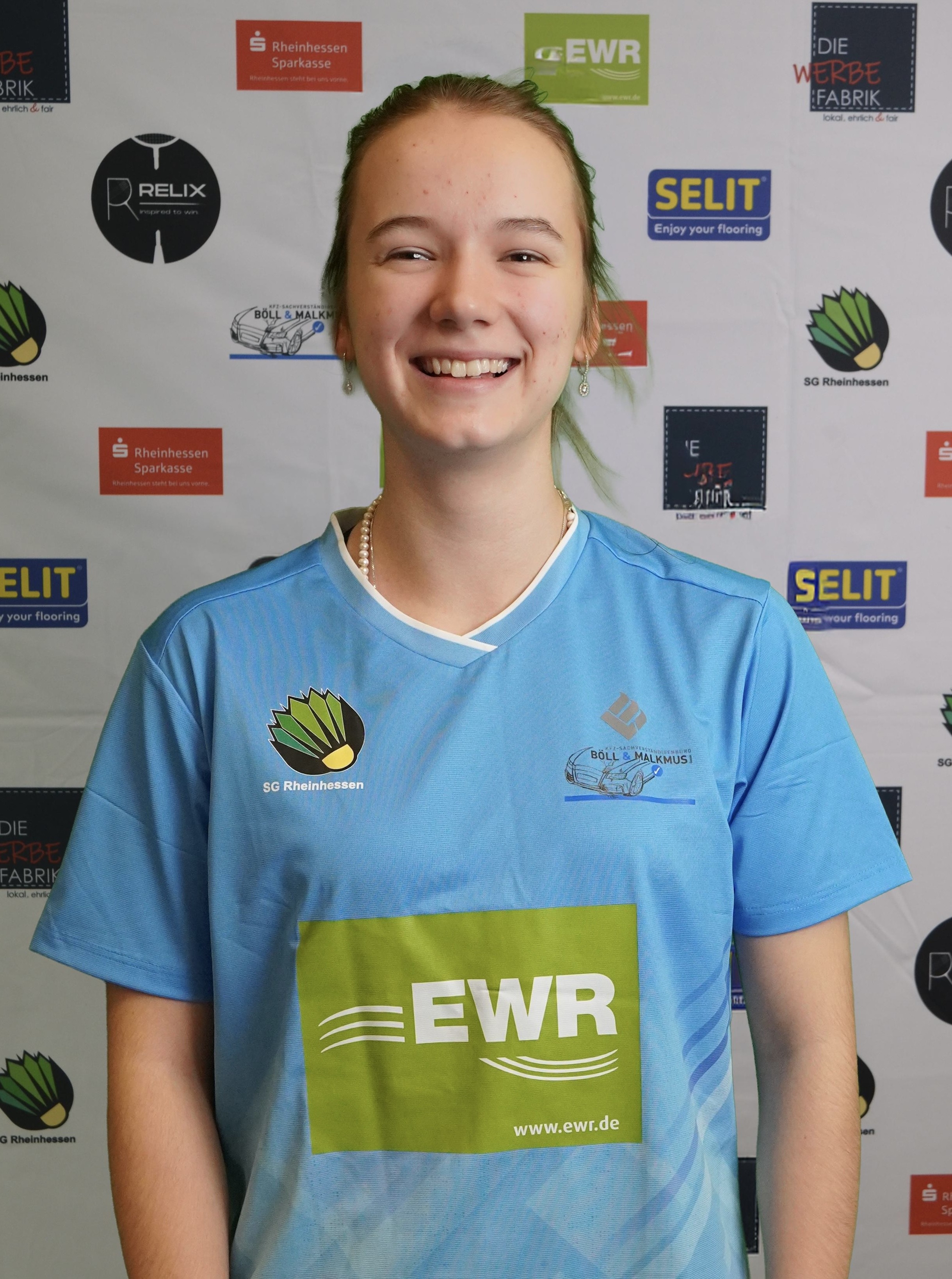 SG Rheinhessen Trikot mit Sponsorenlogos EWR, SELIT und Rheinhessen Sparkasse