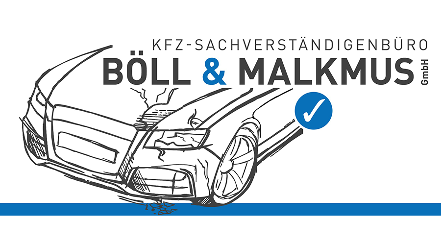 Logo von KFZ-Sachverständige Böll & Malkmus mit gezeichneter Autoskizze und Häkchen