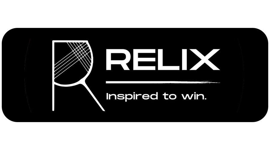 Relix Logo mit Slogan 'Inspired to win.' und Tennisschläger-Grafik