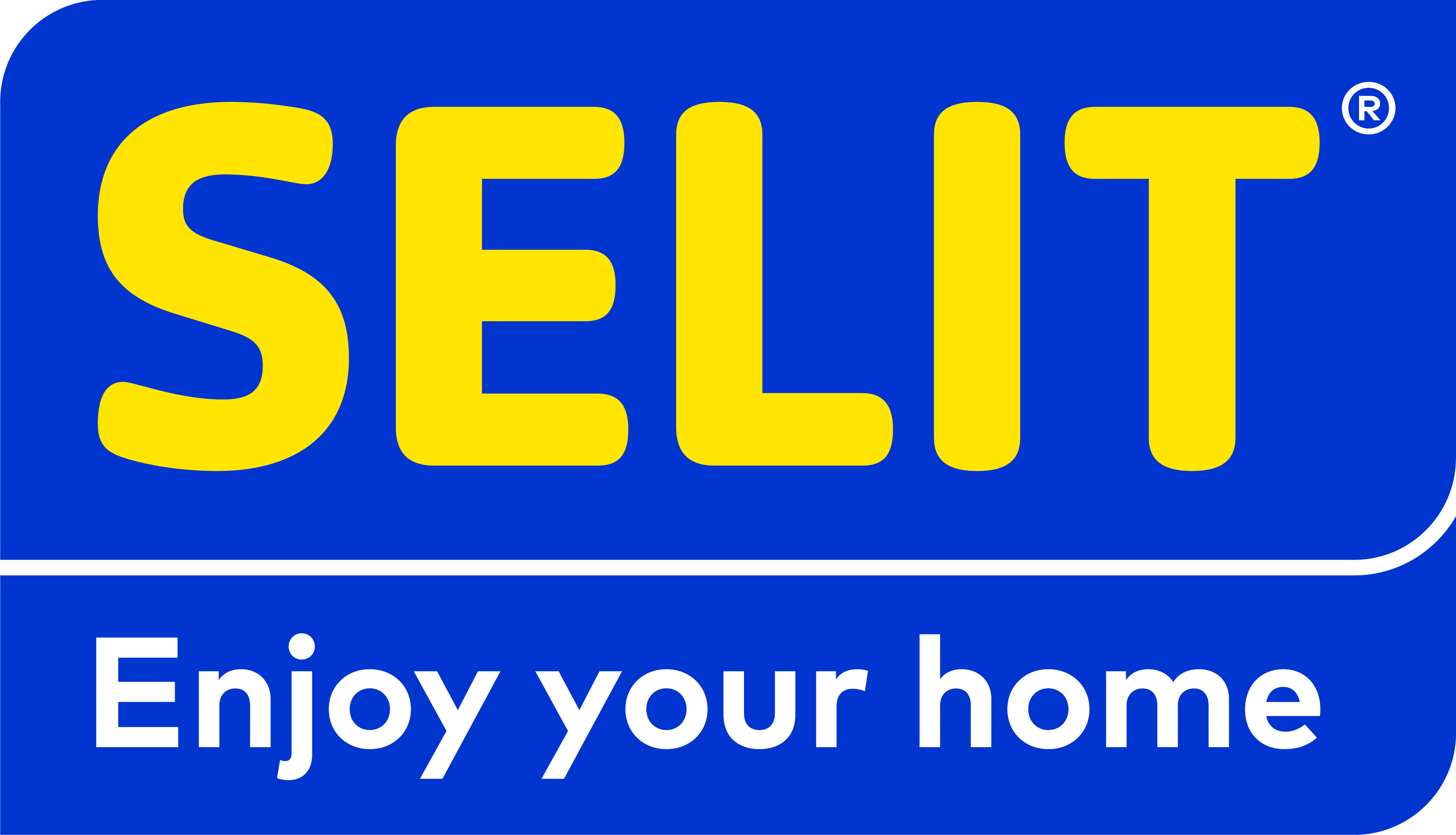 Selit Logo in Gelb auf blauem Hintergrund mit Slogan 'Enjoy your home'