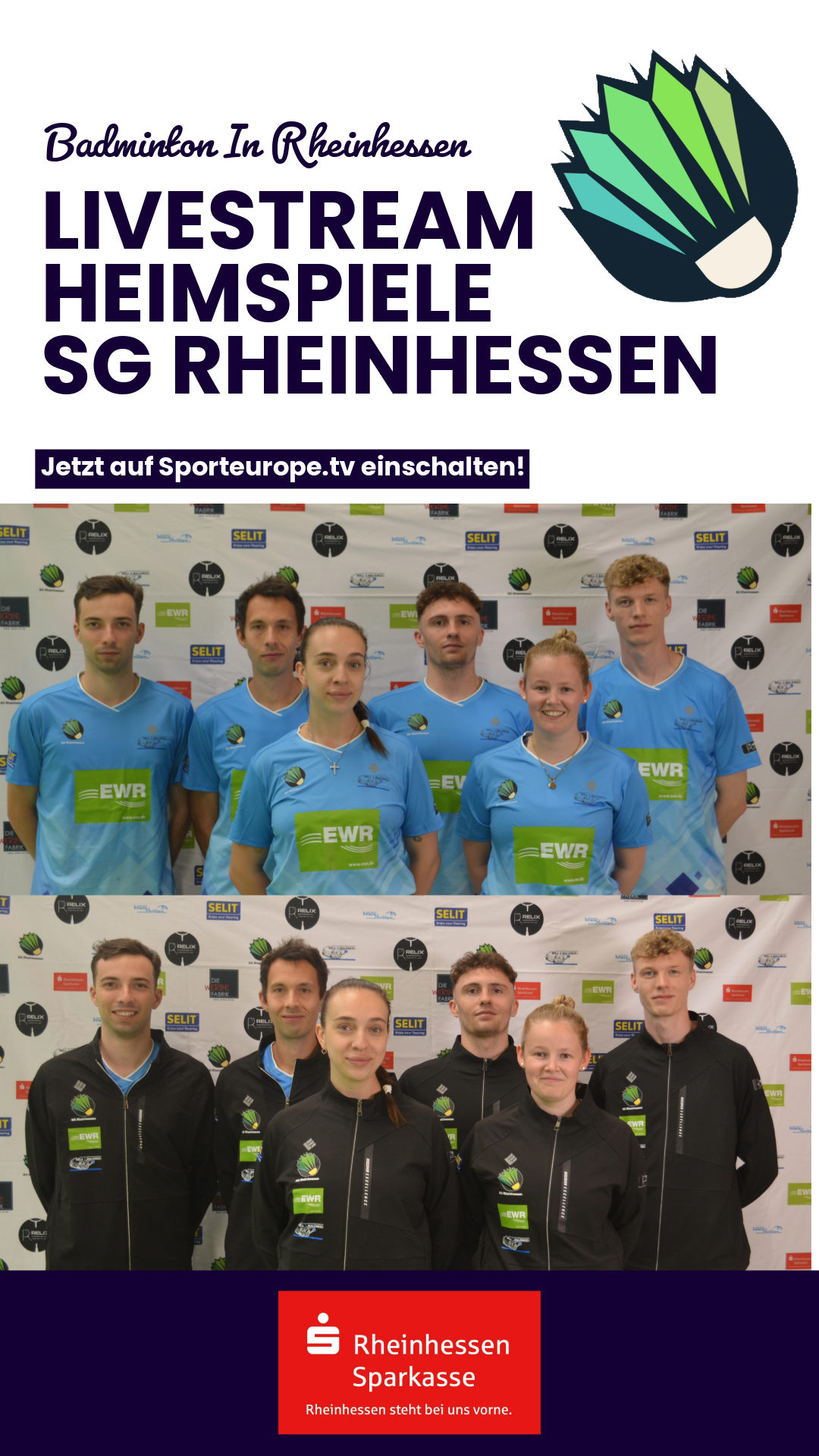 Livestream der Heimspiele der SG Rheinhessen auf YouTube in der Sportart Badminton – Mannschaftsfoto vor Sponsorenwand