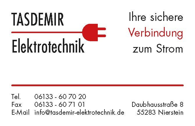 Visitenkarte von Tasdemir Elektrotechnik mit Kontaktdaten und Logo