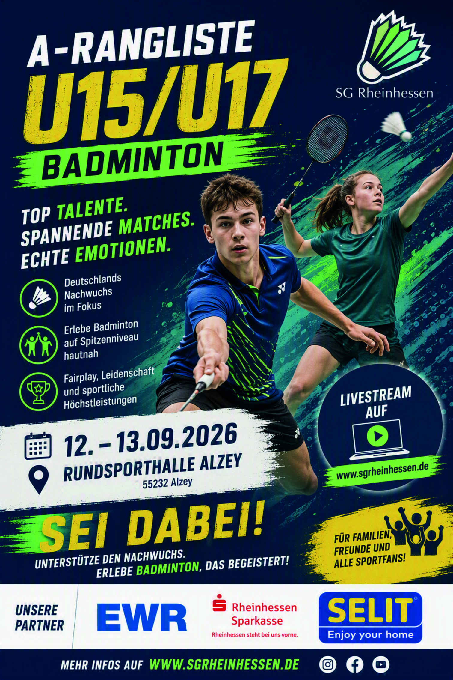 Veranstaltungsplakat A-Rangliste U15 Badminton 2026 in der Rundsporthalle Alzey mit Nachwuchstalenten