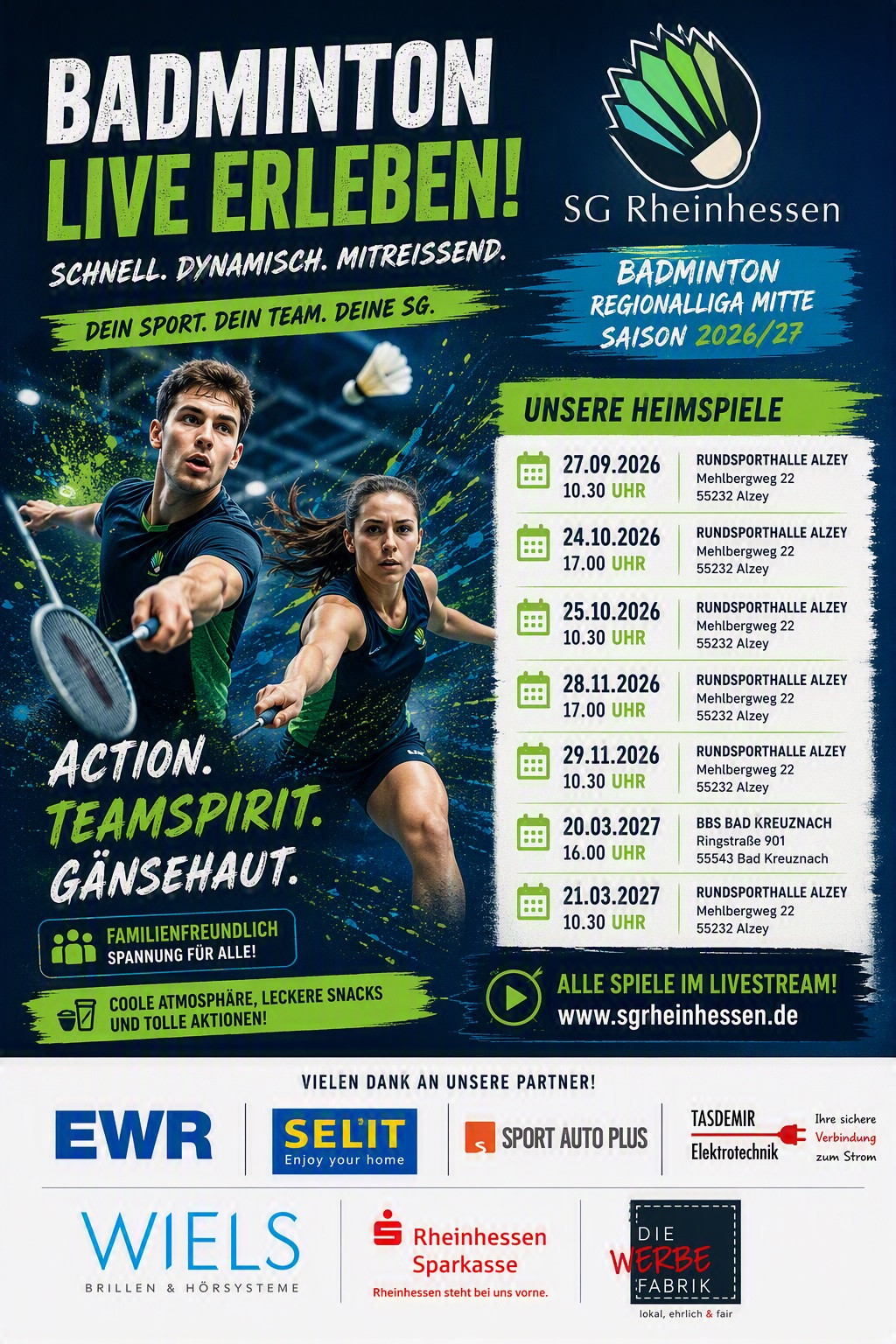 SG Rheinhessen Heimspiele Badminton Regionalliga Mitte 2026/27 – Spielplan und Infos Plakat der SG Rheinhessen Heimspiele Badminton Regionalliga Mitte Saison 2026/27 mit Spielterminen und Austragungsorten