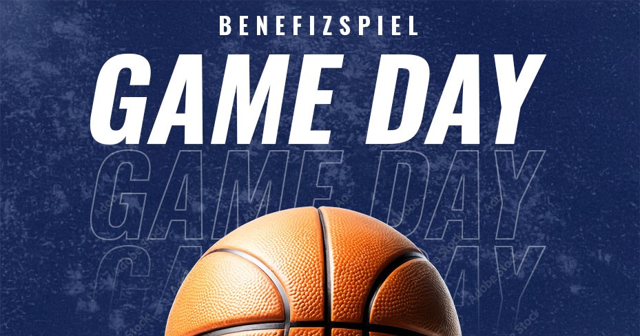 Basketball Benefizspiel 2025 – Basketball auf blauem Hintergrund mit Schriftzug
