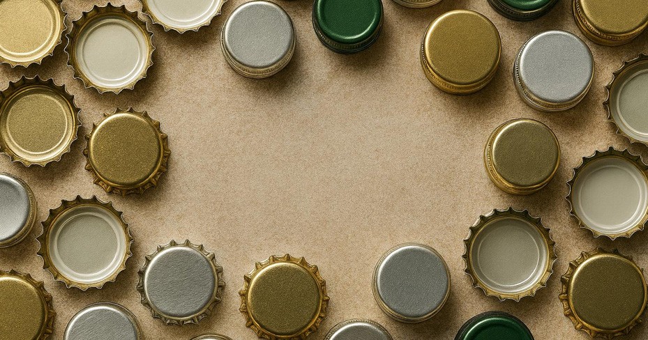 Verschiedene kleine Kronenkorken in unterschiedlichen Farben, angeordnet auf einer braunen Oberfläche, 2025