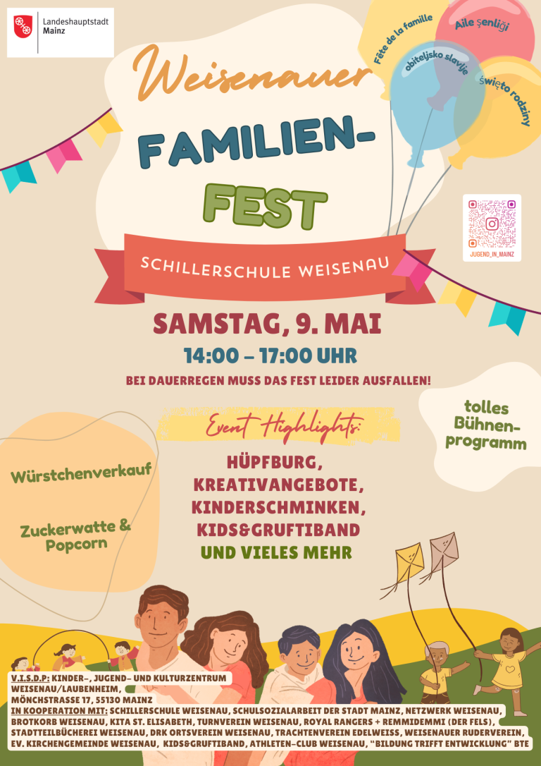 Plakat zum Familienfest 2026 an der Schillerschule Weisenau mit Event-Highlights wie Hüpfburg, Kinderschminken und Bühnenprogramm