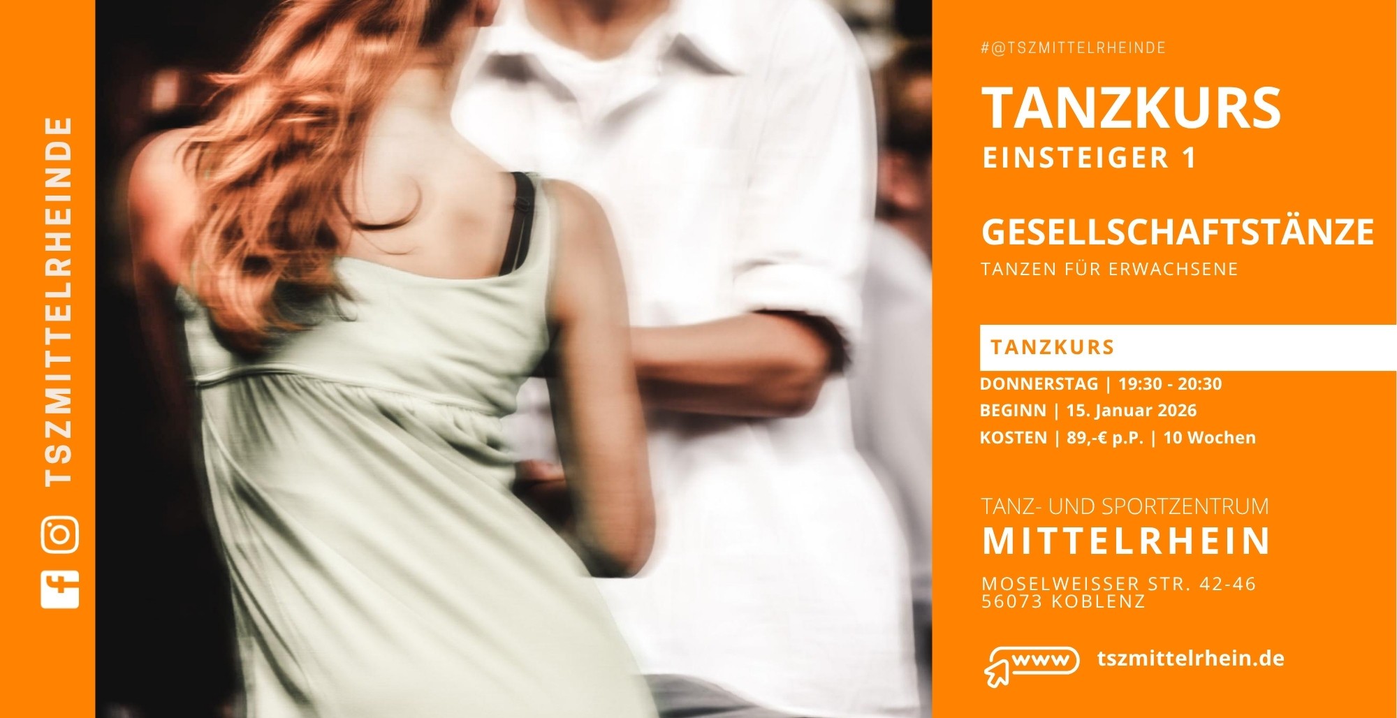 TSZ Tanzkurse – Tanzpaar beim Tanzunterricht, Information zu Tanzkursen auf orangem Hintergrund