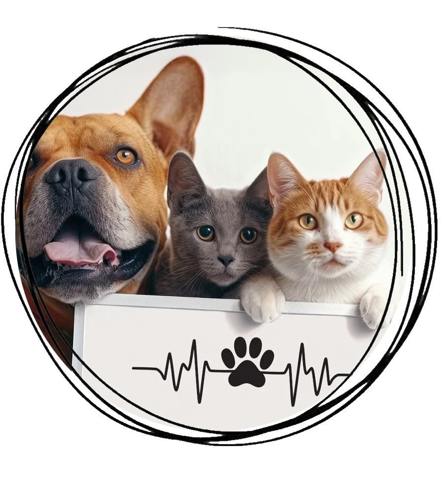 Hund und zwei Katzen mit Kardiologie-Symbol im runden Design mit Kringel