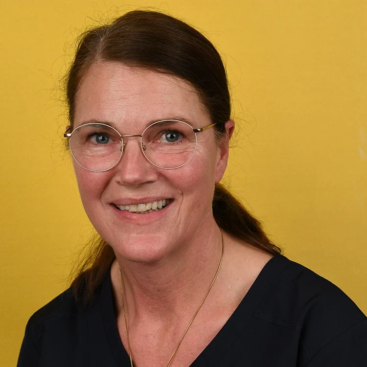 Porträt von Dr. Ute Kocken vor gelbem Hintergrund