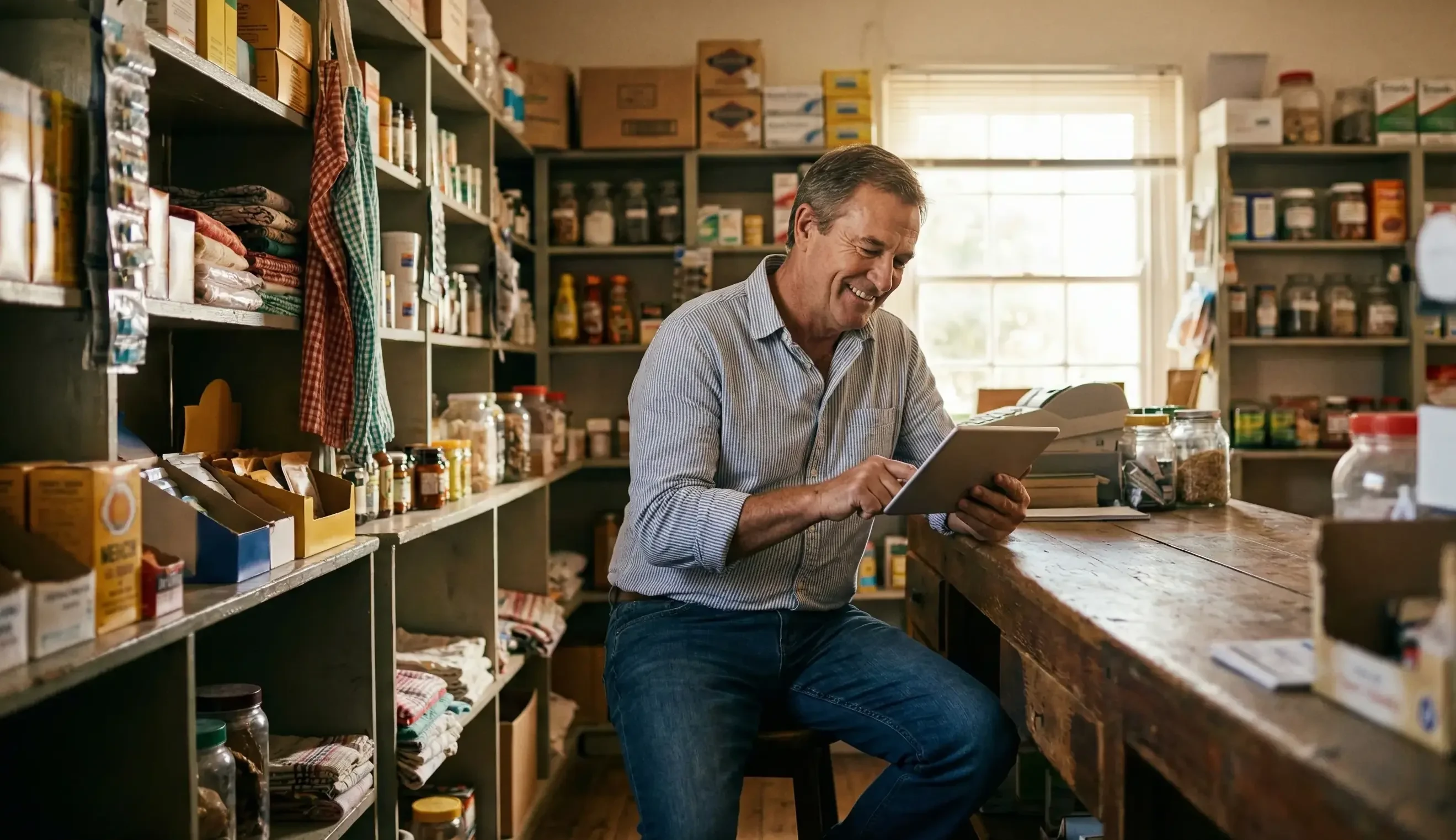 Mann arbeitet mit Tablet in einem kleinen Laden oder Geschäft, Regale mit Produkten im Hintergrund