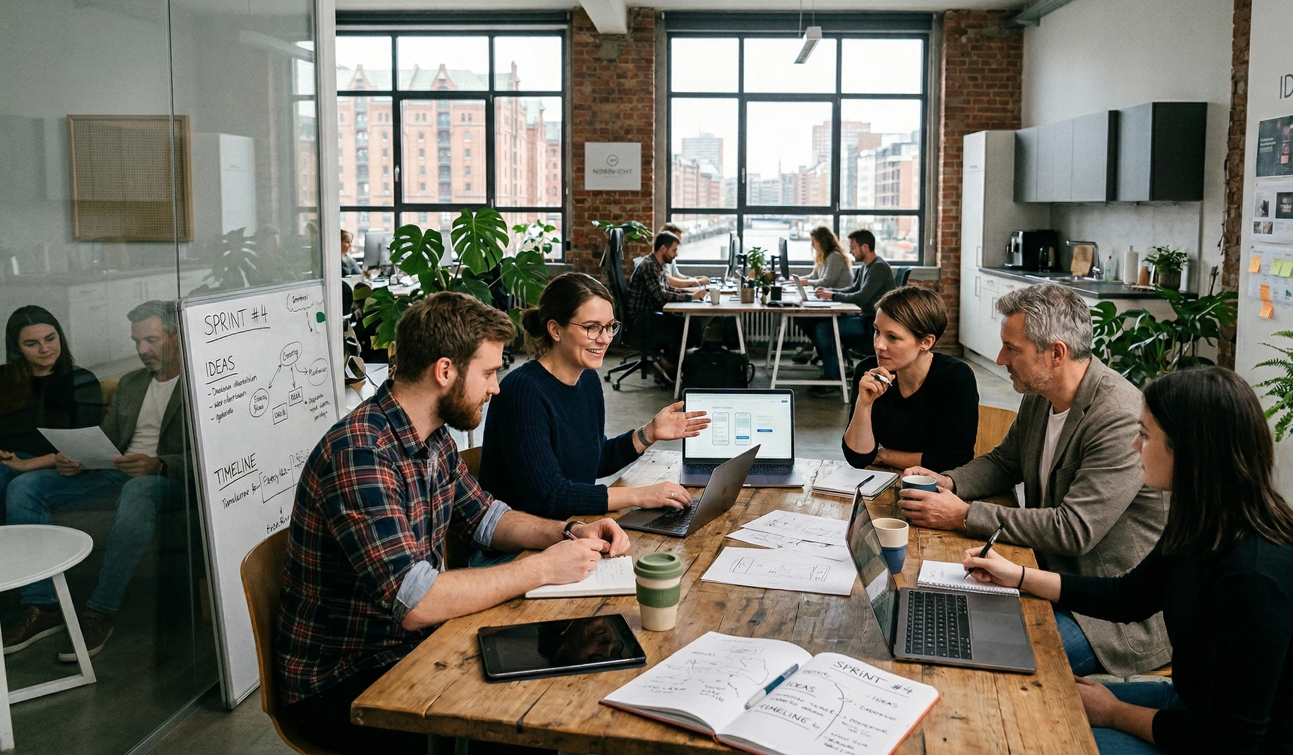 Teammeeting in moderner Agentur mit kreativer Arbeitsatmosphre und groen Fenstern