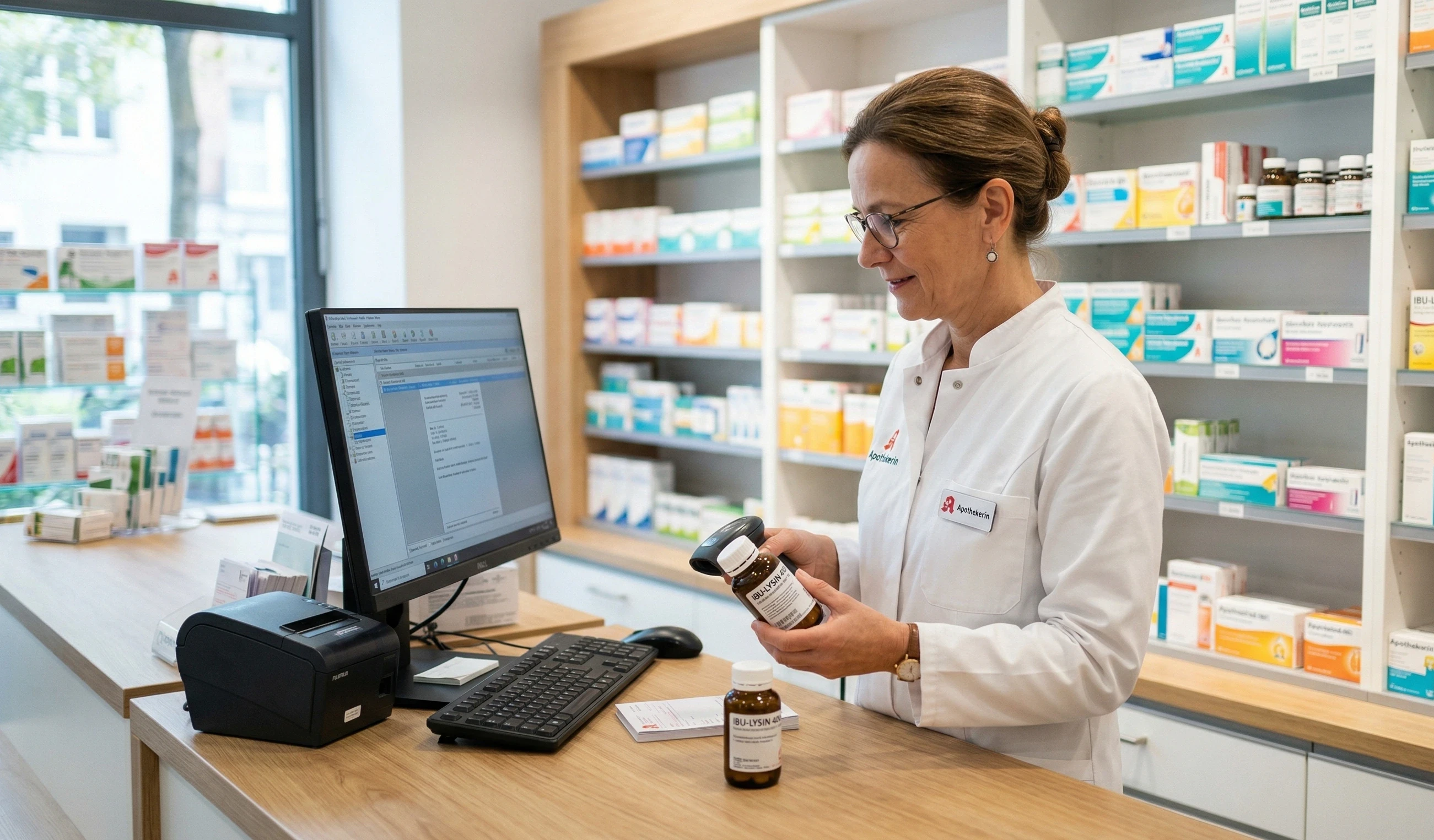 Apothekerin scannt Medikament in moderner Apotheke am Computer