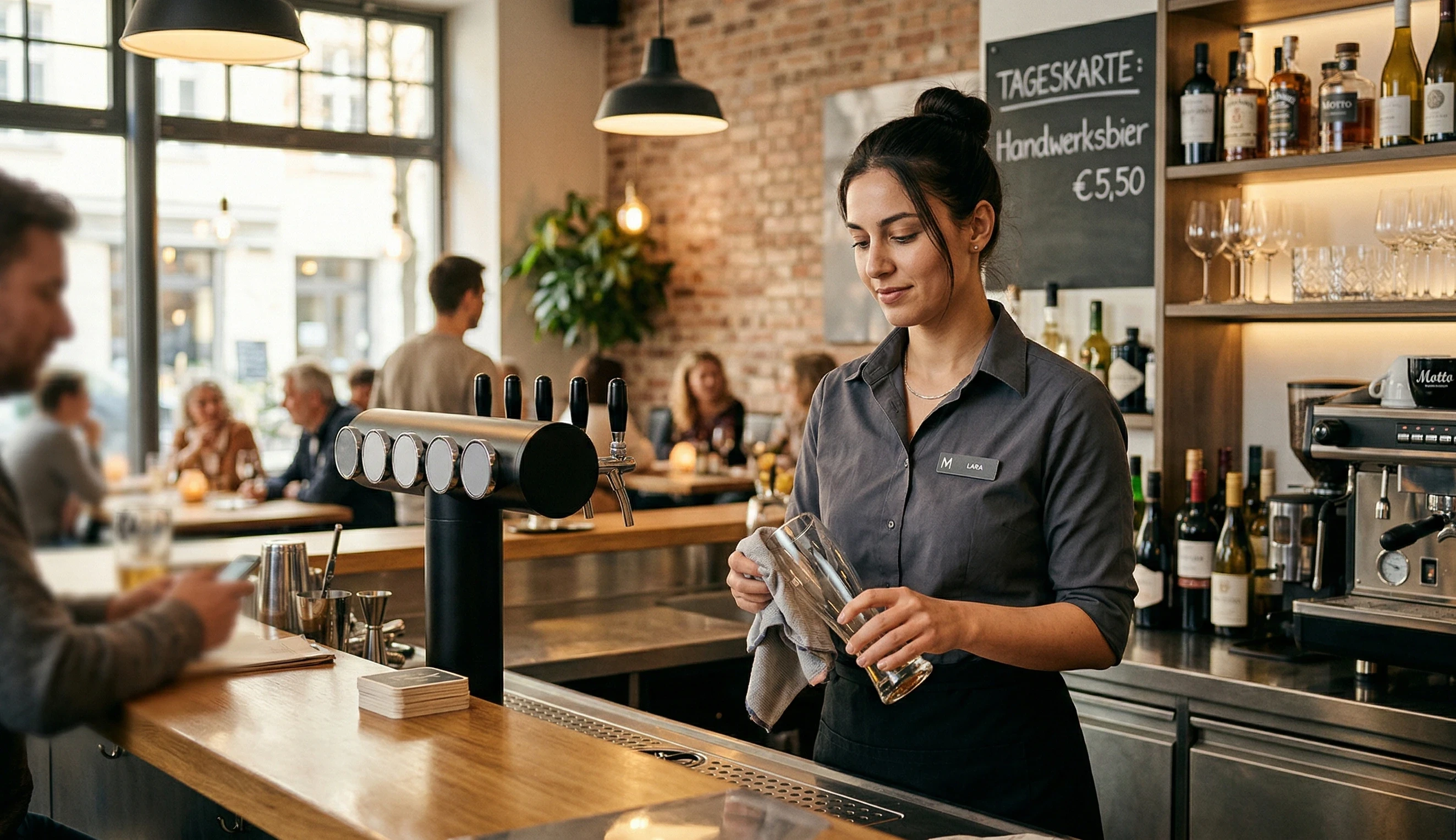 Mitarbeiterin in moderner Bar mit Zapfanlage, Symbolbild fcr corporates Hersteller in der Gastronomie