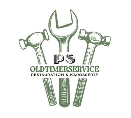 Logo PS Oldtimerservice Restauration & Karosserie mit Werkzeugen auf kreisförmigem Hintergrund