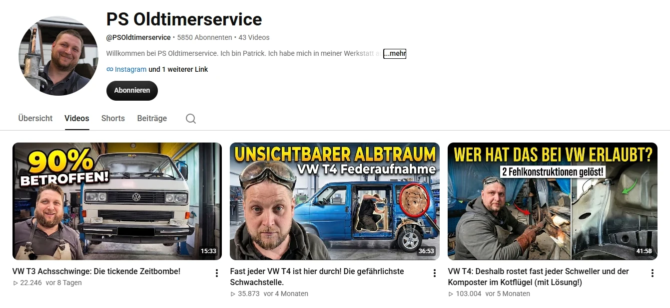 Screenshot eines YouTube-Kanals mit VW T4 Reparaturvideos und Werkstattservice