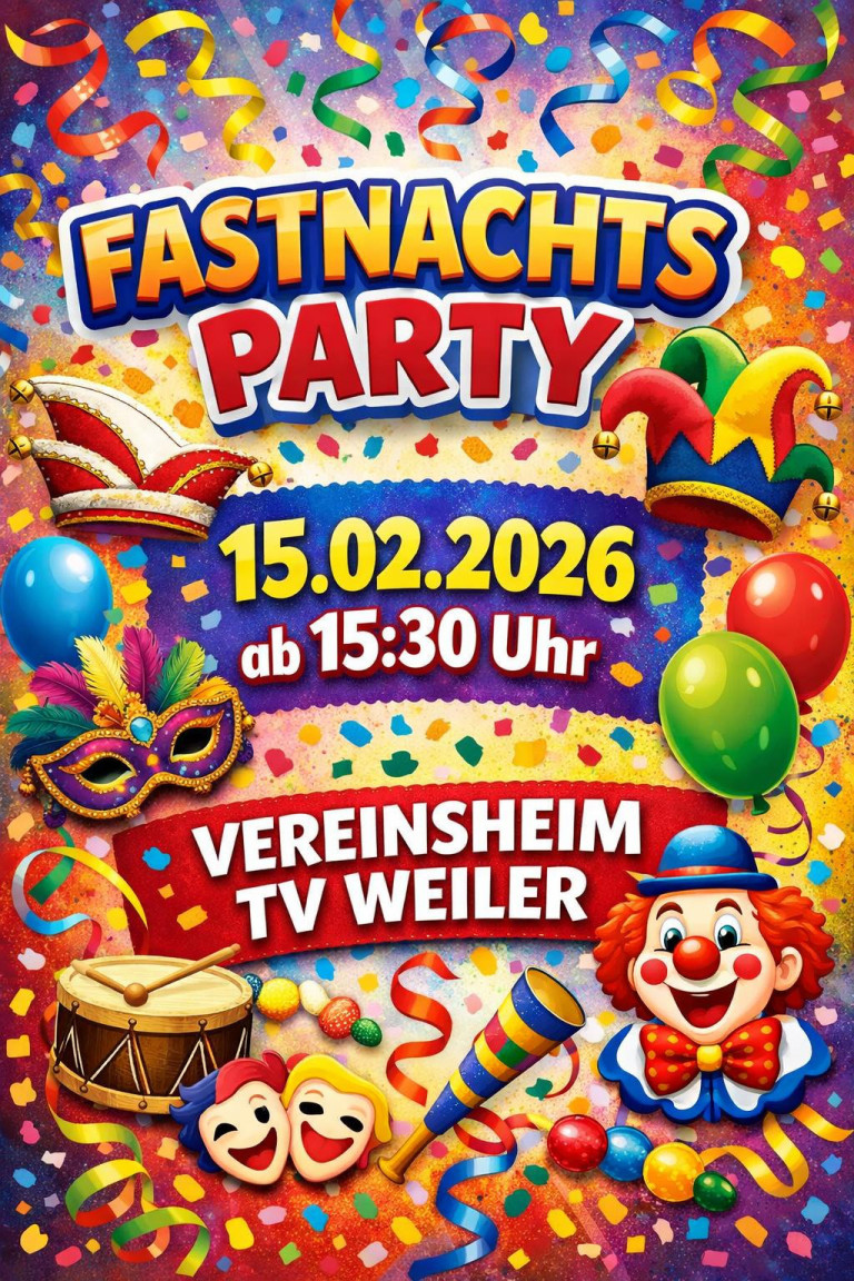 Buntes Plakat zur Fastnachtsparty 2026 am 15. Februar im Vereinsheim TV Weiler mit Clown, Masken, Ballons und Konfetti.