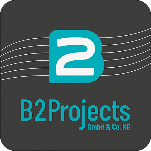 B2Projects GmbH & Co. KG Logo – Unternehmenslogo mit B2 und modernen Designelementen Logo von B2Projects GmbH & Co. KG mit stilisiertem B2 und geschwungenen Linien