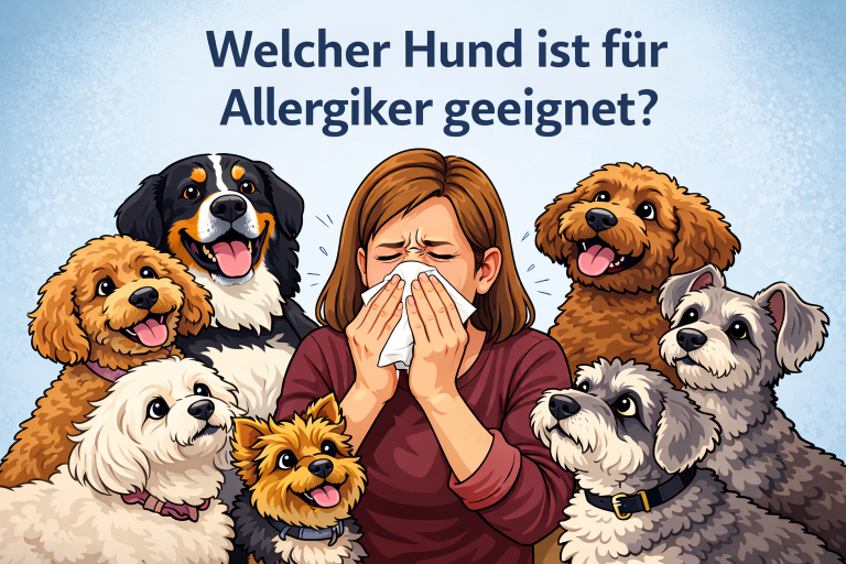 Hund oder Niesreiz: Welche Hunde sind für Allergiker geeignet? Frau mit Taschentuch umgeben von verschiedenen Hunden, Thema: Hund oder Niesreiz – welche Hunderassen sind für Allergiker geeignet?