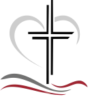 Logo mit Kreuz, Herz und stilisierten Wellen in Grau und Rot