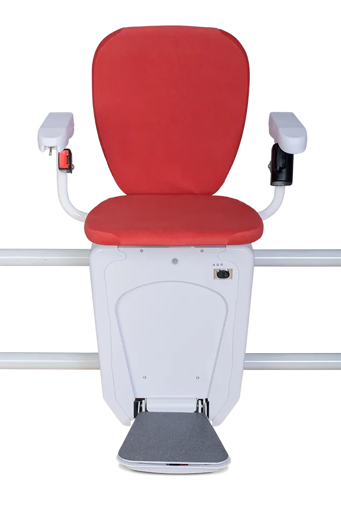 Treppenlift Alpha Classic in Rot auf Schiene, Sitzlift-Modell fcr barrierefreies Wohnen