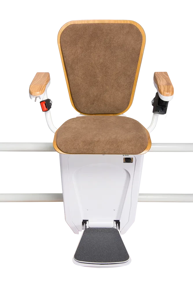 Treppenlift Alpha Premium in kastanienbraun-hell, Sitz und Armlehnenansicht