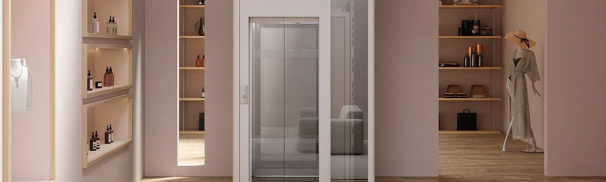 Moderner Homelift mit Glastür in einem Wohnraum
