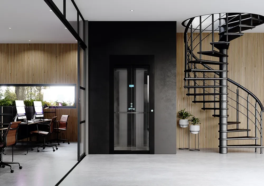 Moderner ELTEC Homelift in einem stilvollen Wohnraum mit Wendeltreppe