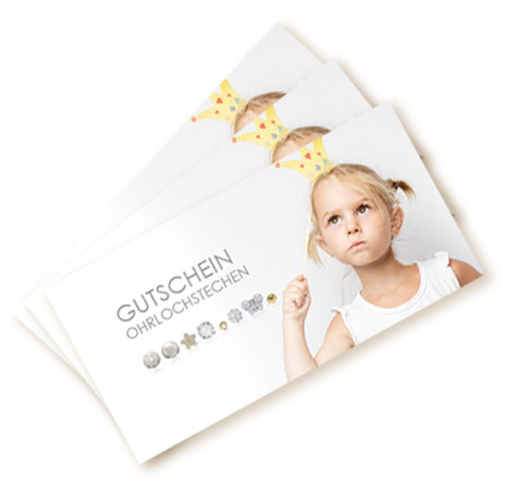 Gutschein für Ohrlochstechen, auf weißem Hintergrund mit verschiedenen Ohrsteckern abgebildet