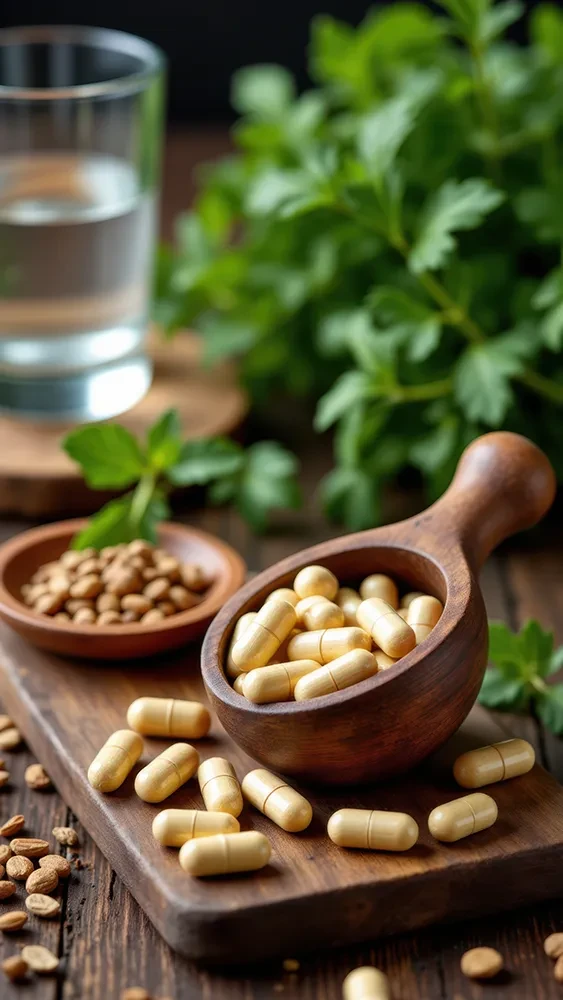 contentbild-02: Natürliche Nahrungsergänzungsmittel in Holzmörser mit Kräutern im Hintergrund